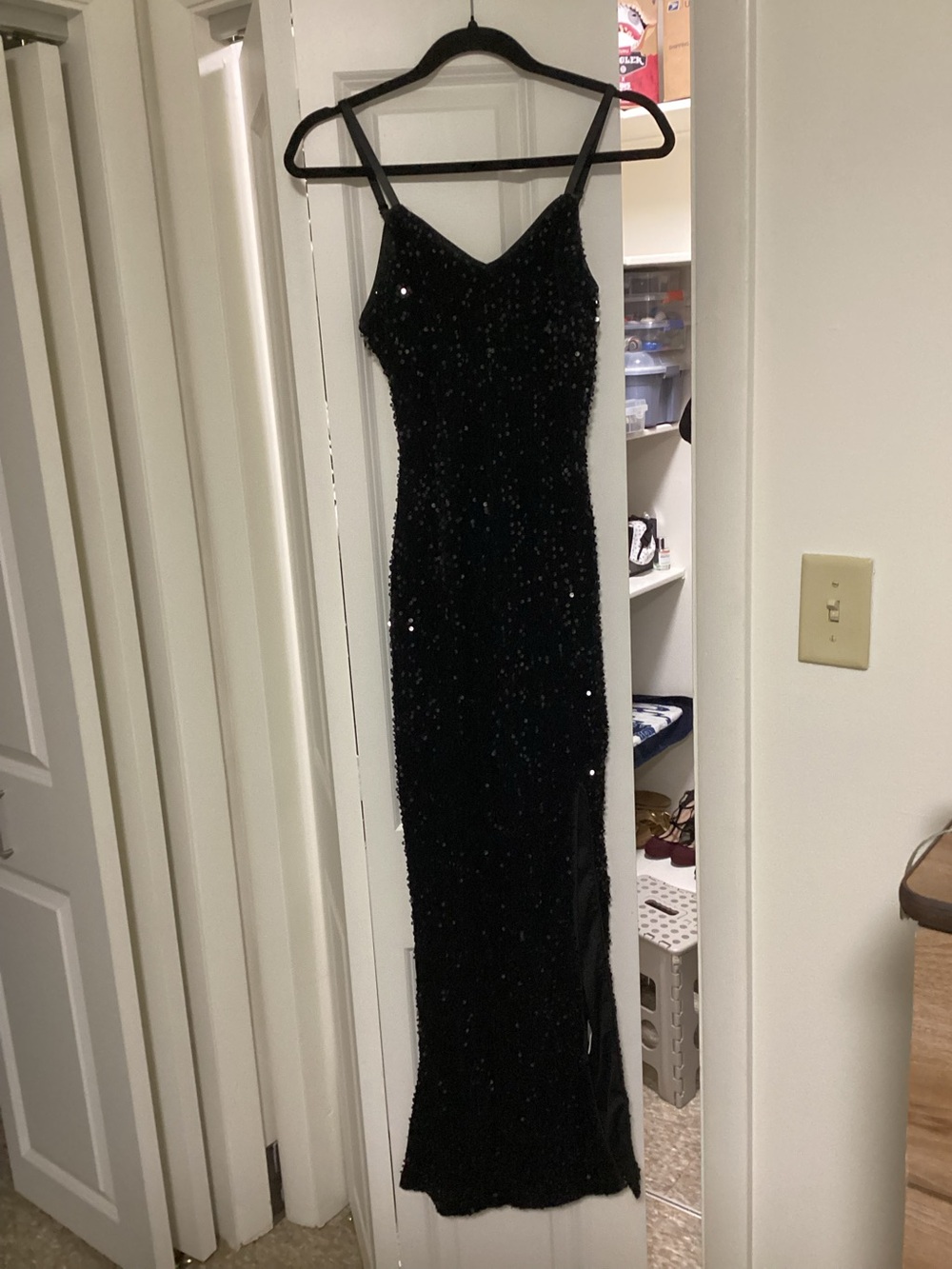 NWT Black Simplee Sequin Goen with leg slit prom XS